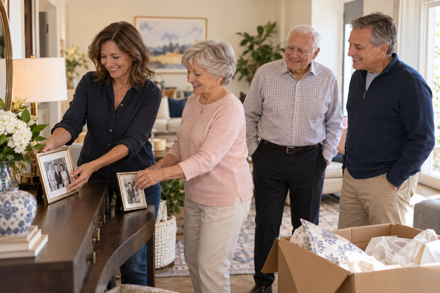 Family helping older parents arrange familiar photographs while settling into a new home