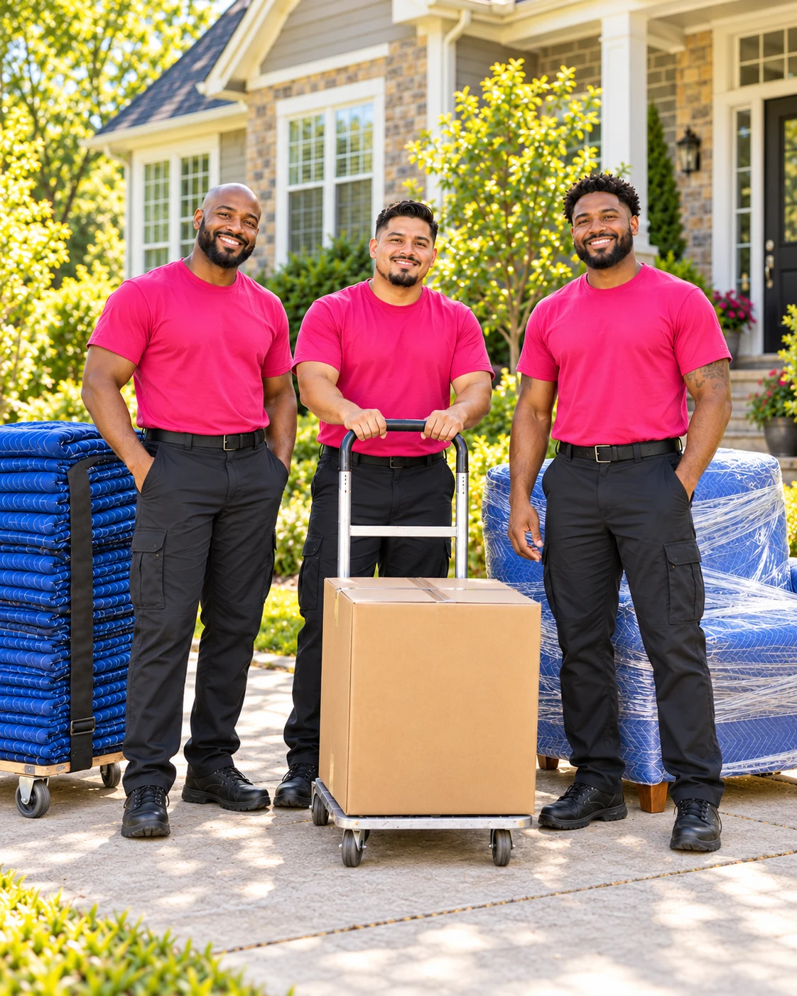 Promotional illustration of three movers standing in pink shirts beside protected furniture