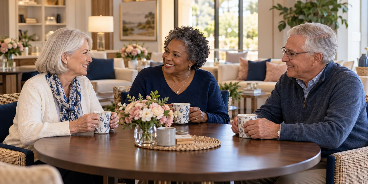 A welcoming community lounge with older adults gathering over coffee