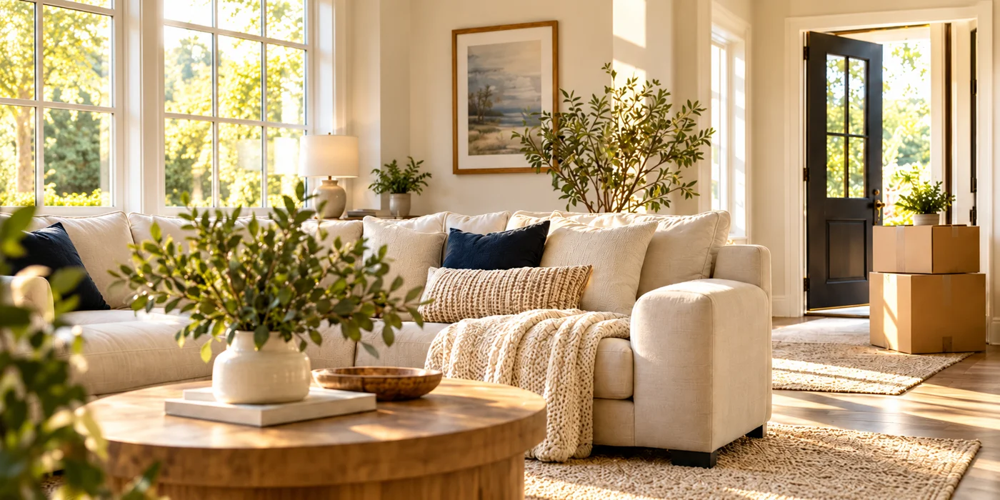 Sunlit living room with cream furnishings, navy accents and moving boxes near the front door
